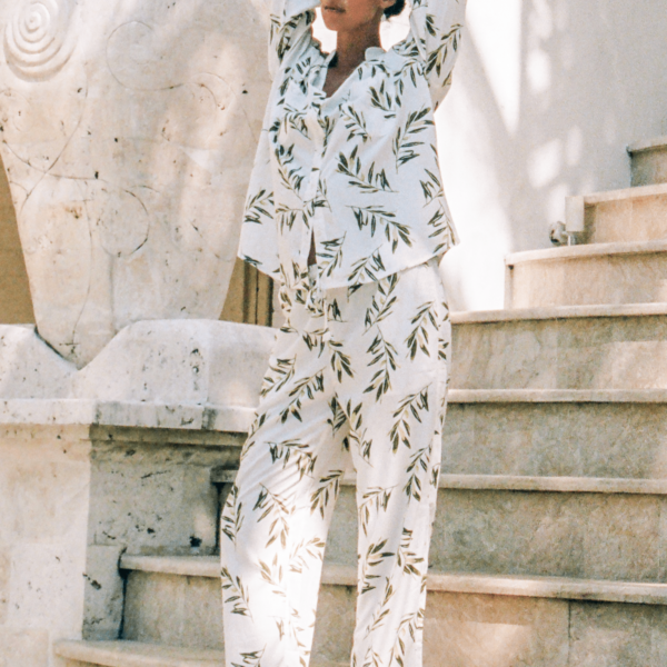 Rayon Long Sleeve Pajama Set — Olive Leaf — front view