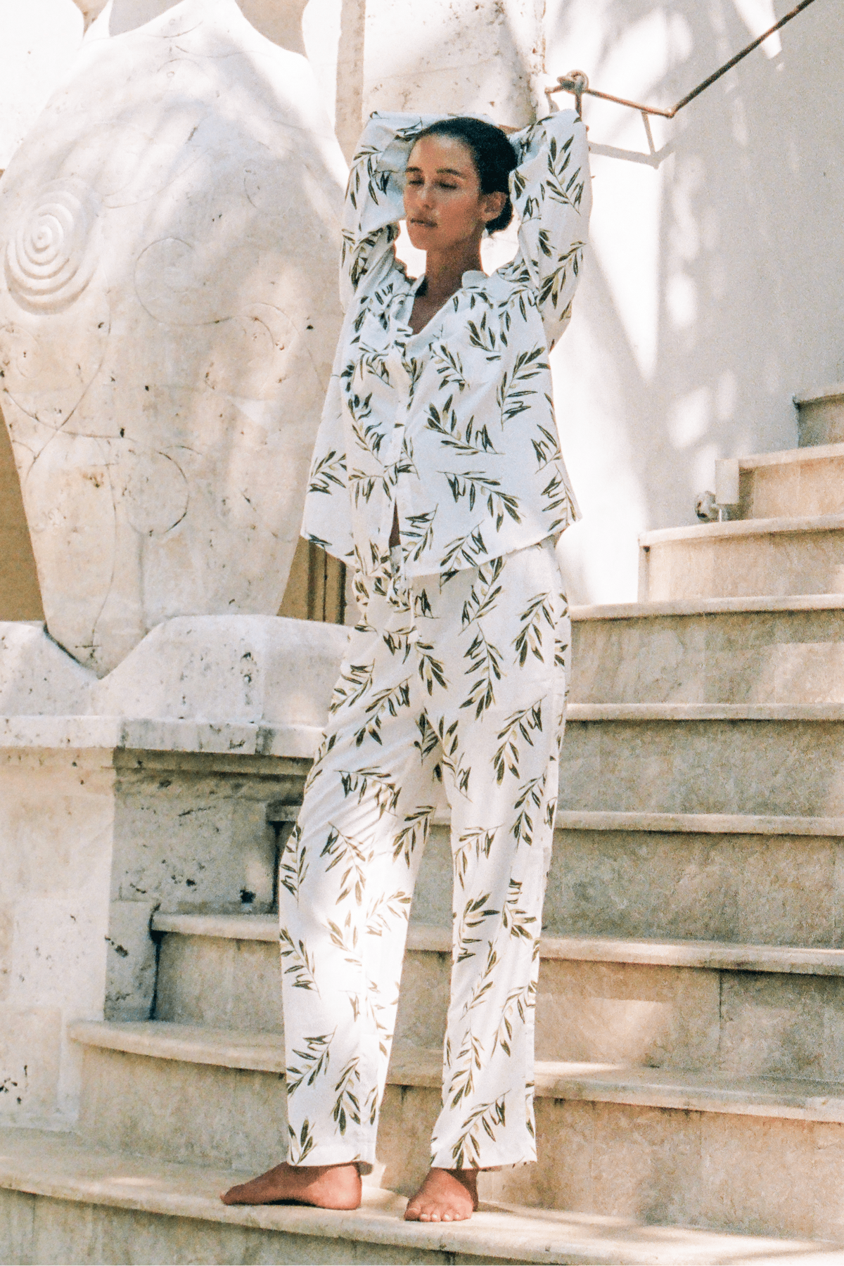 Rayon Long Sleeve Pajama Set — Olive Leaf — front view