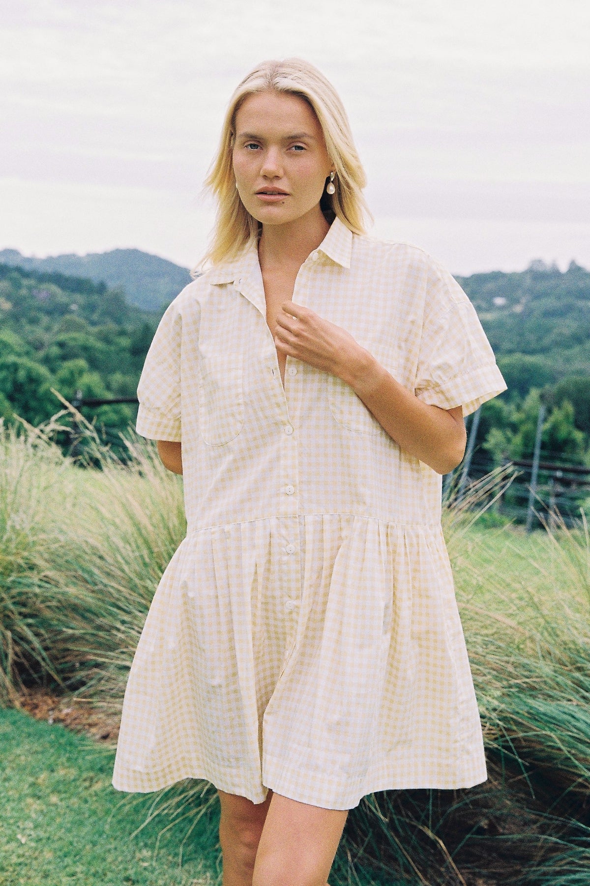 Cotton Lounge Dress — Gingham Yellow — front view