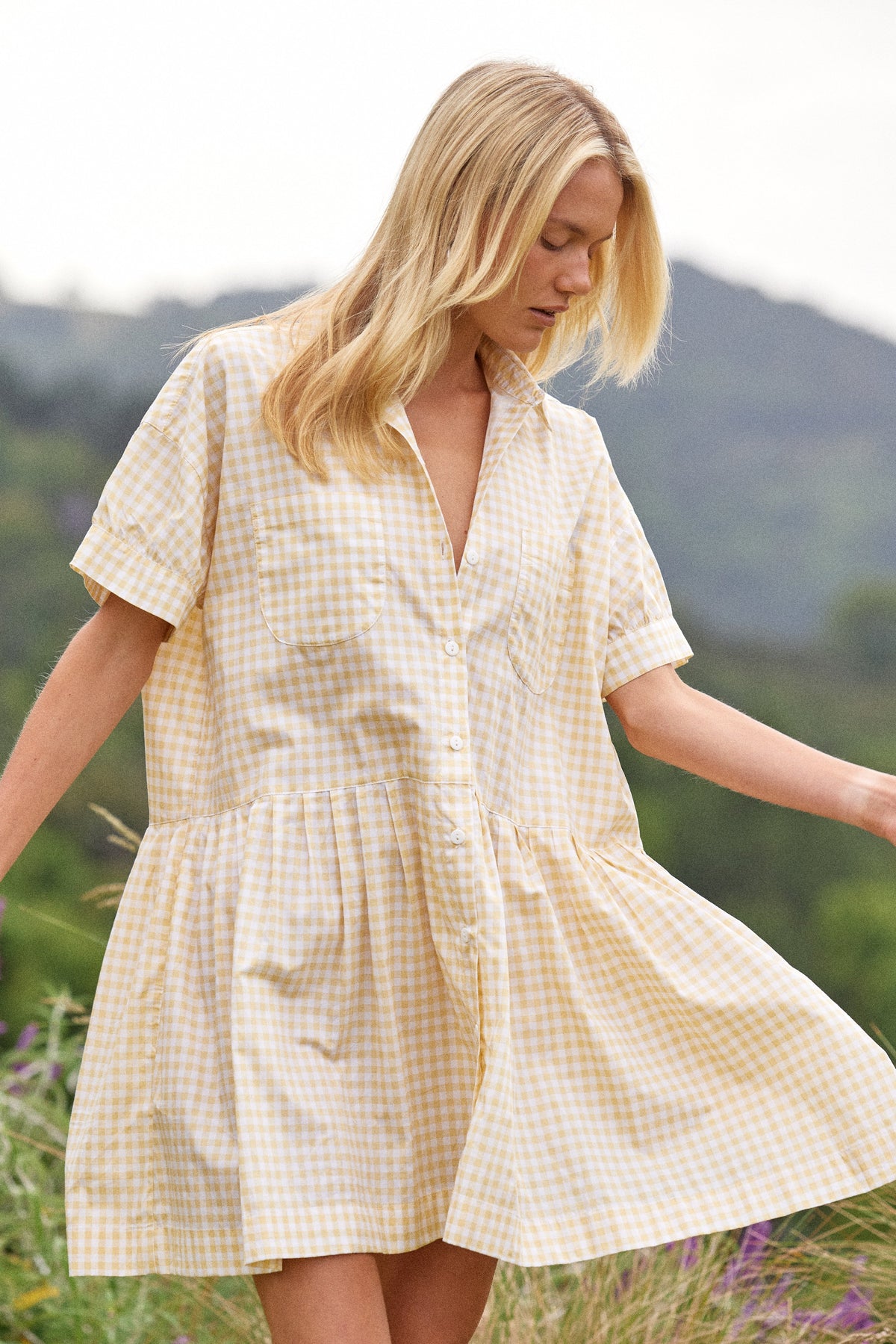 Cotton Lounge Dress — Gingham Yellow — additional view