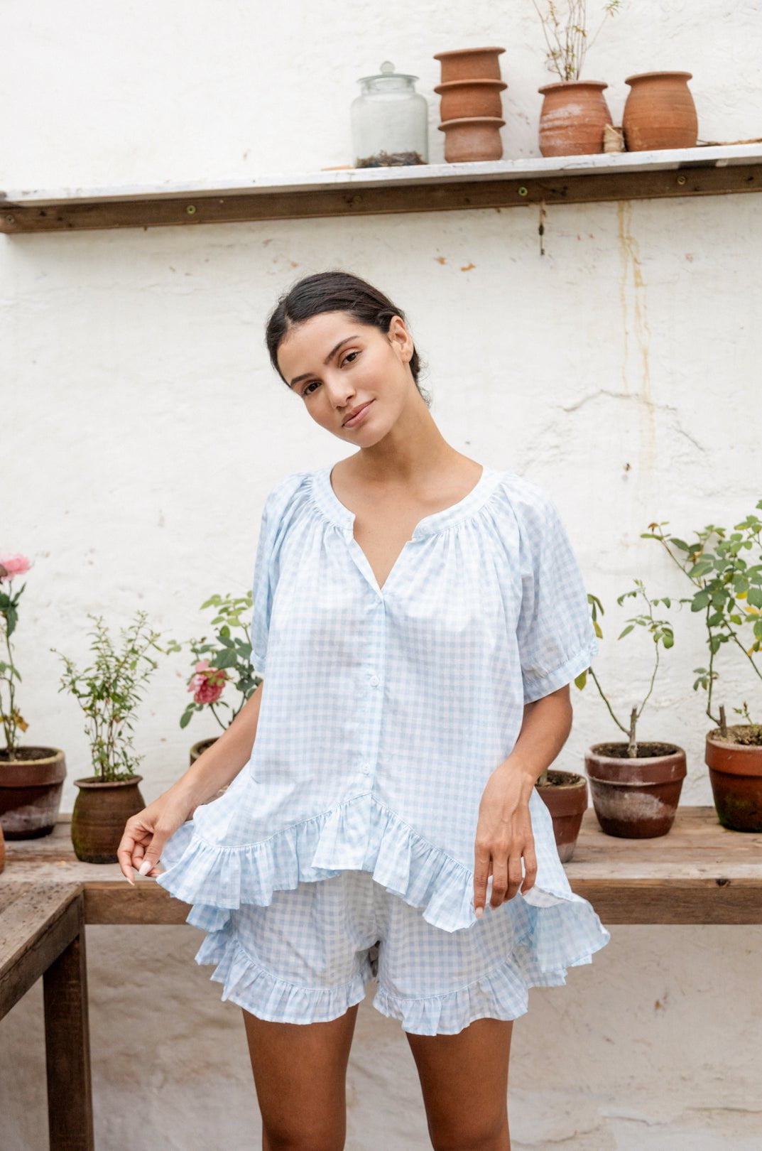 Cotton Ruffle Short Pajama Set — Gingham Pale Blue — front view