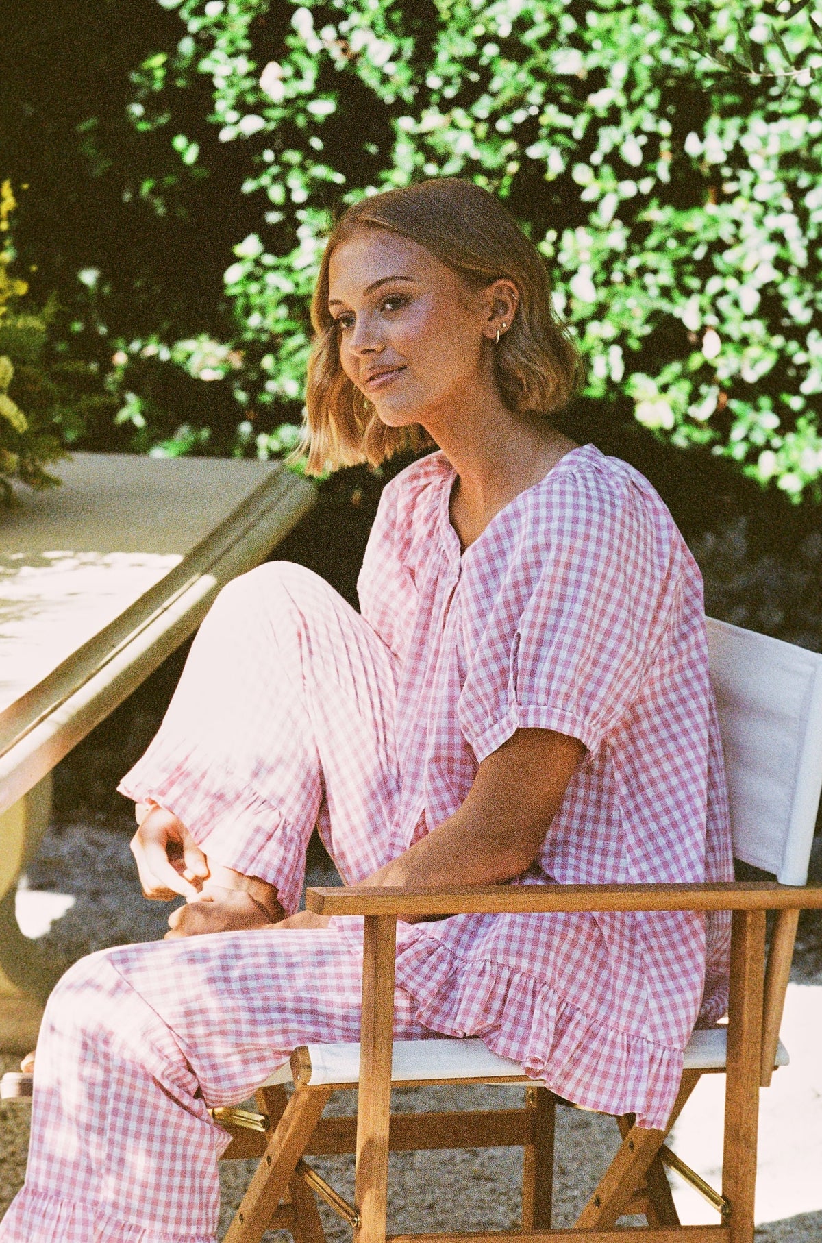 Cotton Ruffle Pants Pajama Set — Gingham Berry — front view
