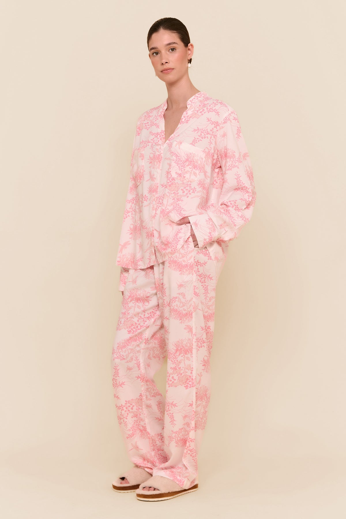 Rayon Long Sleeve Pajama Set — Pink — front view