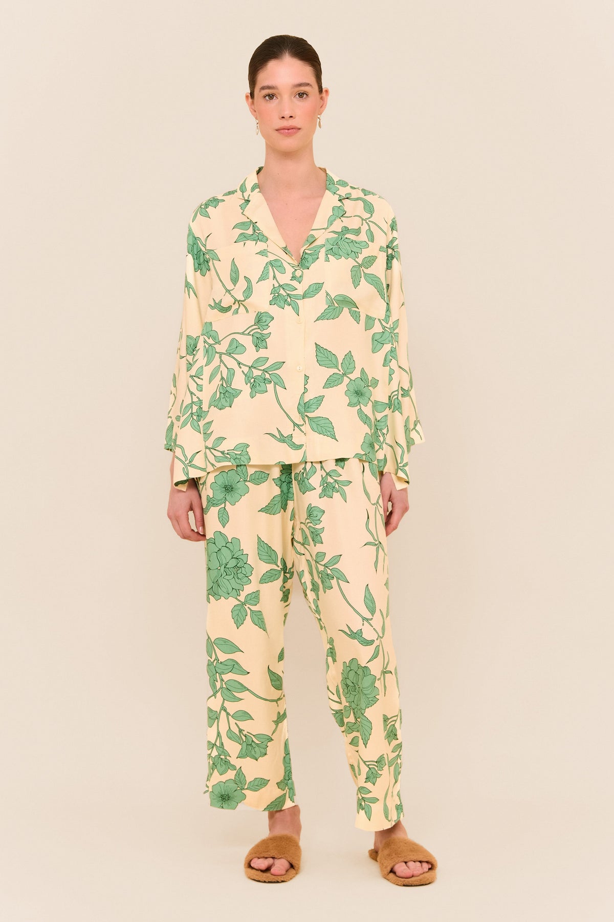 Rayon Long Sleeve Pajama Set — Romantic Floral — front view