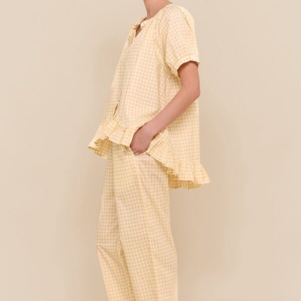 Cotton Ruffle Pants Pajama Set — Gingham Yellow — front view