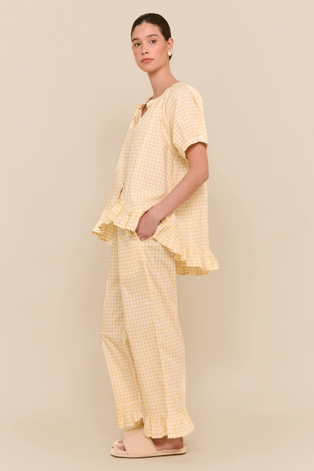 Cotton Ruffle Pants Pajama Set — Gingham Yellow — front view