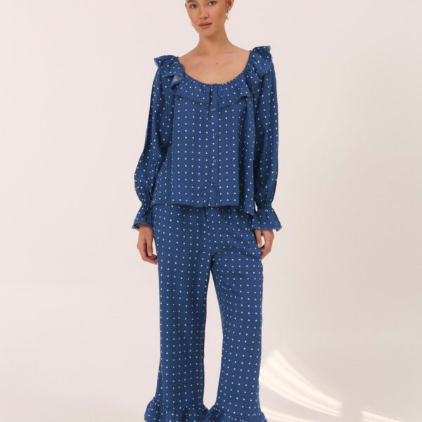 Rayon Long Sleeve Pajama Set — Indigo Dot — front view
