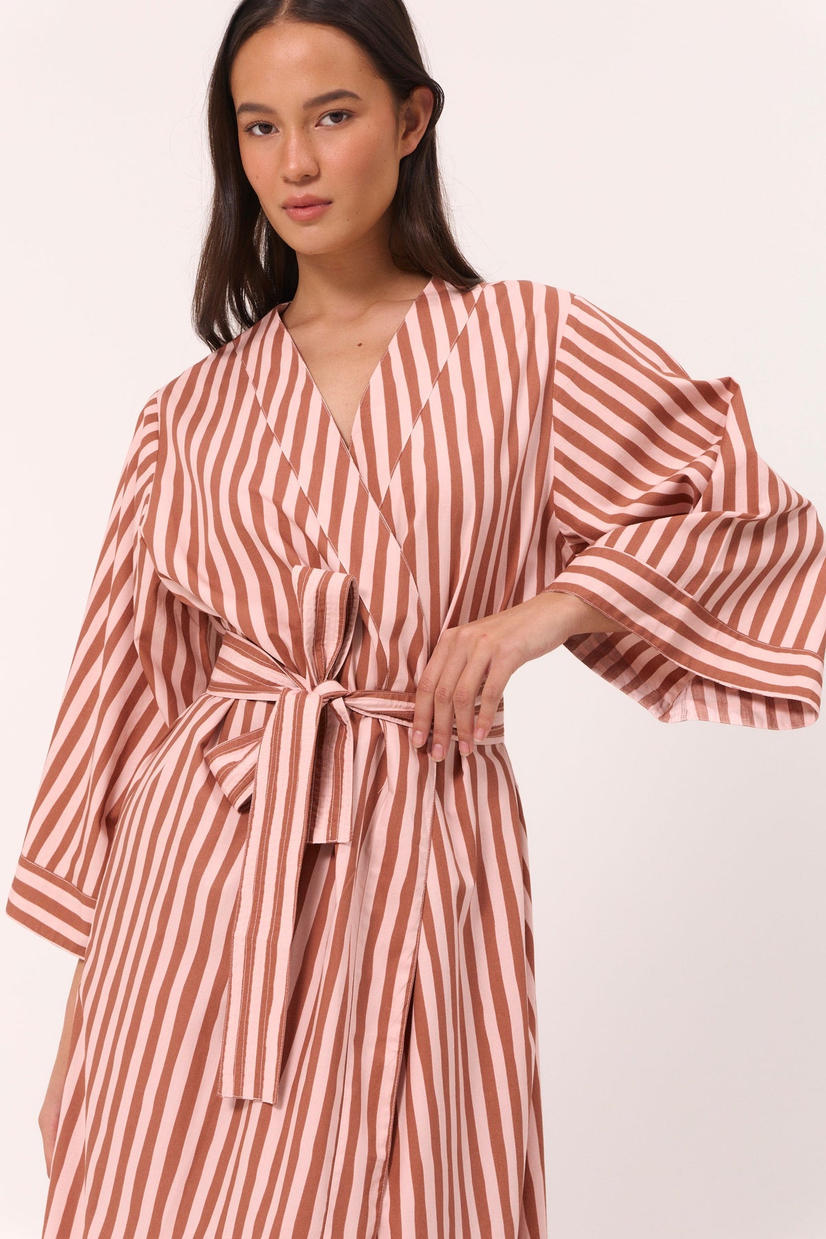 Cotton Modal Tie Robe — Stripe Mocha — additional view