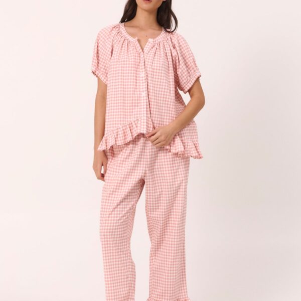 Cotton Modal Ruffle Pants Pajama Set — Petal Pink — front view
