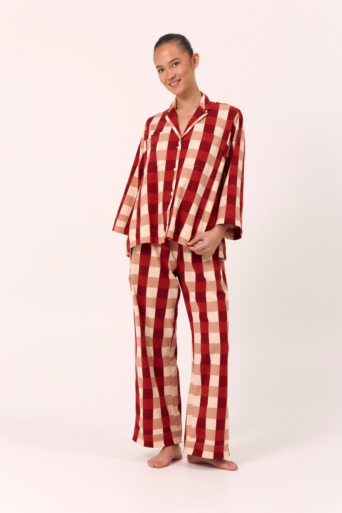 Cotton Long Sleeve Pajama Set — Holiday Plaid — front view