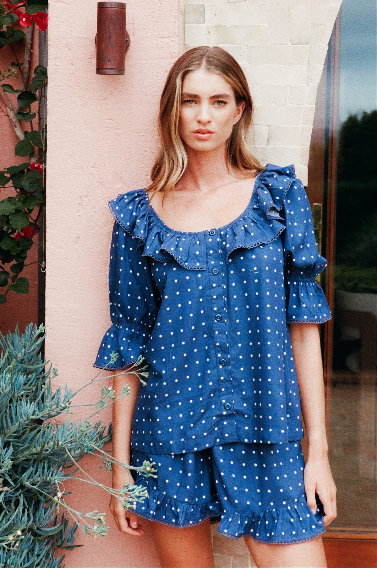Rayon Short Pajama Set — Indigo Dot — front view