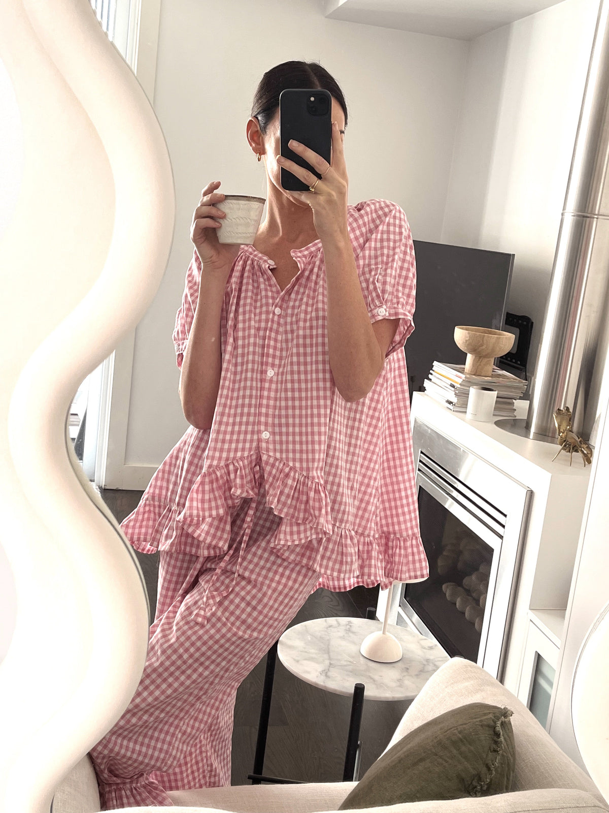 Cotton Ruffle Pants Pajama Set — Gingham Berry — additional view
