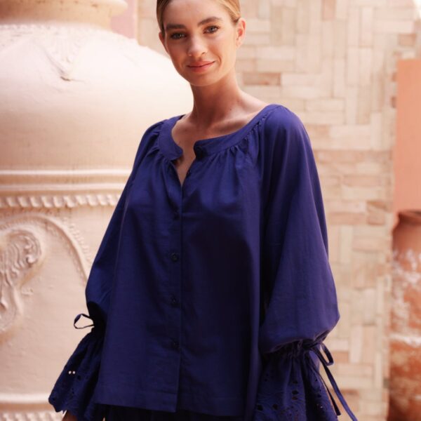 Cotton Long Sleeve Pajama Set — Twilight Blue — front view