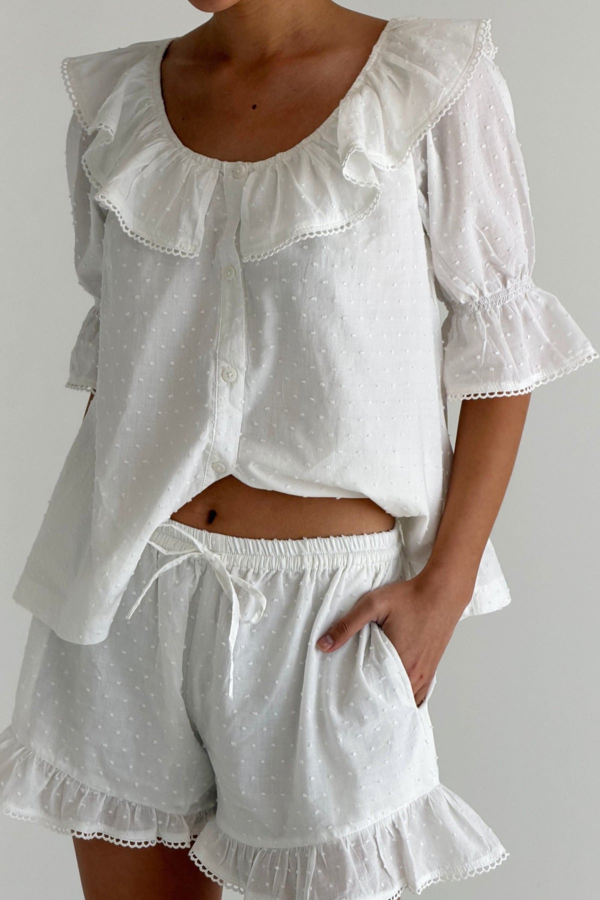 Rayon Short Pajama Set — Cotton Swiss Dot — front view